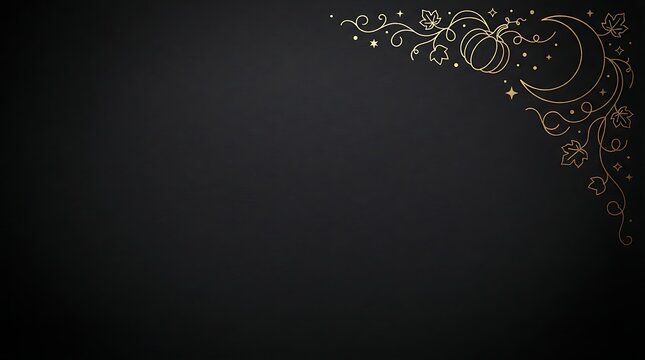 Elegant gold Halloween line art featuring pumpkin and crescent moon motifs on a minimalist dark black background for luxury autumn holiday banner and website hero image