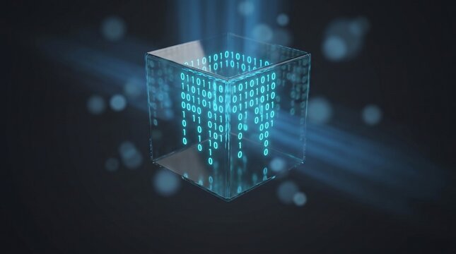 Digital cube made of binary code with glowing blue light streams entering from above, symbolizing data processing and technology