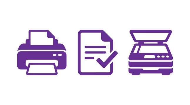 Digital office equipment icon set including printer document with checkmark scanner for administrative workflows document checklist business administration interface