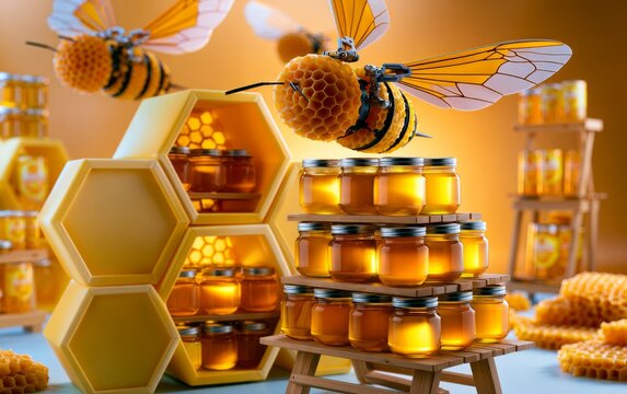 Honey jar with bee on honeycomb frame and natural honeycomb background
