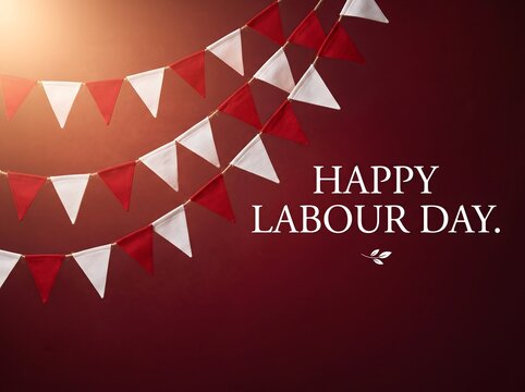 Happy labour day greeting card with red and white decorative bunting flags against a dark red background