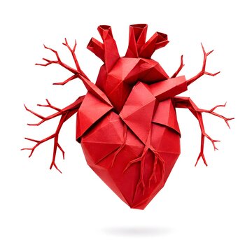 Paper Origami Heart with Folded Arteries Isolated on White Background