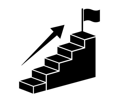 Minimalist success icon vector design showing a staircase with an upward arrow and a goal flag