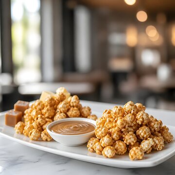 Caramel popcorn and sweet sauce served on white plate in restaurant
