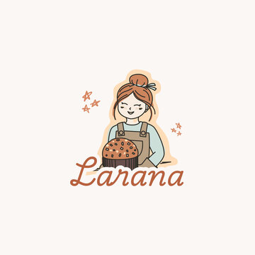 holding panettone sweet bread loaf with stars around and elegant handwritten text logo below on light neutral background branding for pastry business.