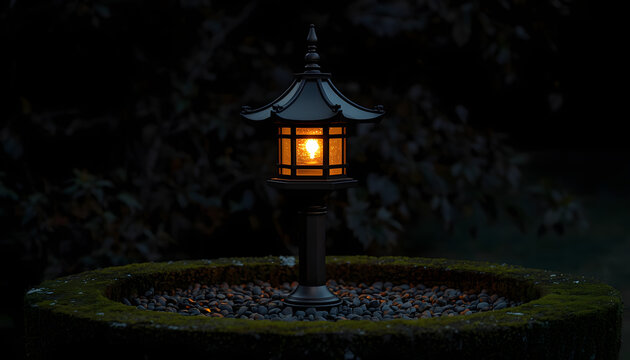 Traditional Japanese stone lantern at night. Glowing garden lamp in a zen atmosphere.