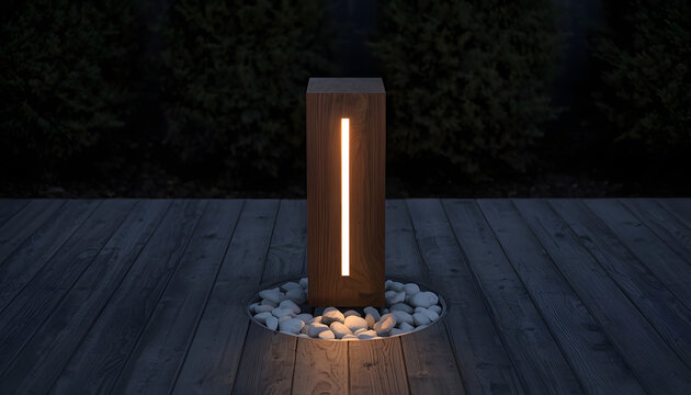 Modern outdoor LED bollard light. Minimalist wooden garden lamp on a wooden deck.