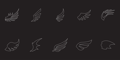 Naklejka premium Wing silhouette set illustrations, Collection of diverse wing illustrations, from simple to ornate, for creative projects