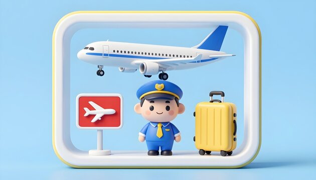 Cute 3D pilot figurine with airplane and luggage, ready for travel