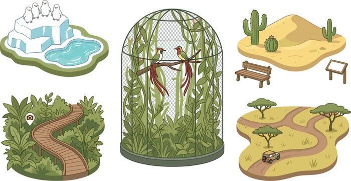 Zoo Infrastructure and Animal Enclosure Vector Illustration Set with Aviary Desert Oasis Arctic Penguins and Safari Savanna Map Elements