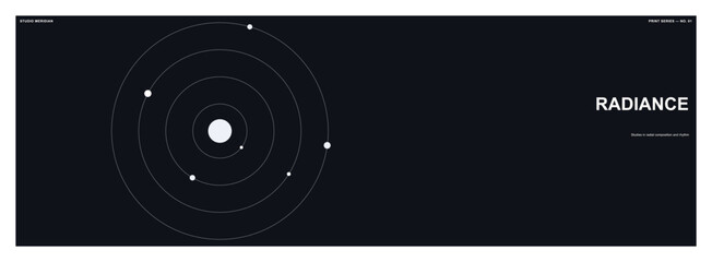Minimalist planetary orbit system vector art poster design featuring abstract celestial bodies with typographic elements on dark background © Azazul