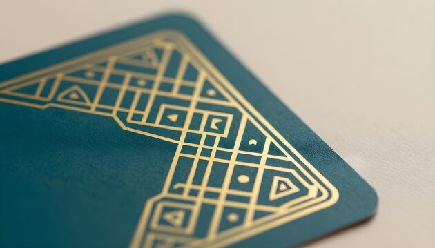 Elegant teal card with intricate gold geometric pattern and shallow depth of field