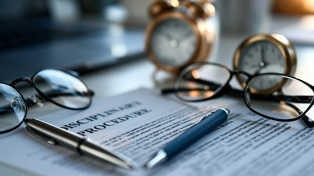 Bright desk still life close up of a printed document with disciplinary procedure heading beside a pen a pair of glasses and a small clock on a clean light surface soft even