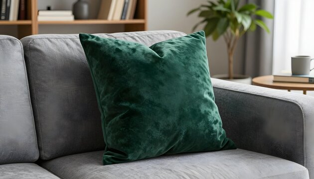 Plush dark green velvet cushion resting on a textured grey sofa