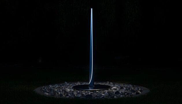 Thin blue light beam on dark background. Vertical glowing laser line in deep space.