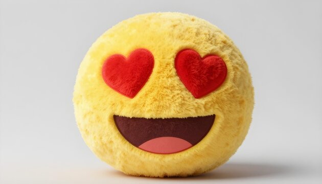 Fluffy yellow emoji pillow with heart eyes and wide smile on a light background