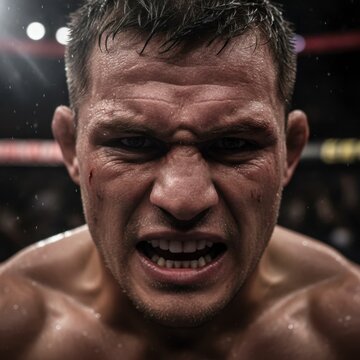 Intense fighter showing determination in the ring, concept of strength and resilience