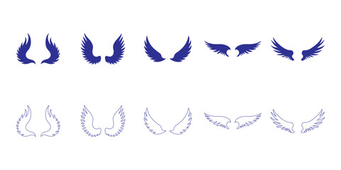Naklejka premium Collection of stylized wing icons in various abstract shapes and line patterns. White feather designs and angel wing symbols on transparent background. 
