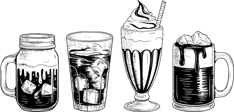 Surtido dibujado a mano de caf&eacute; helado y batidos