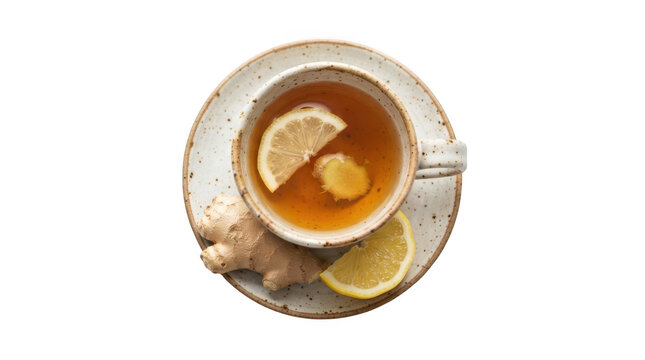 Cup of ginger tea with lemon slices and fresh ginger root isolated on transparent background