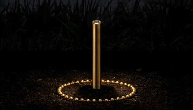 Golden cylinder with glowing light ring. Abstract metallic pillar with circular illumination.