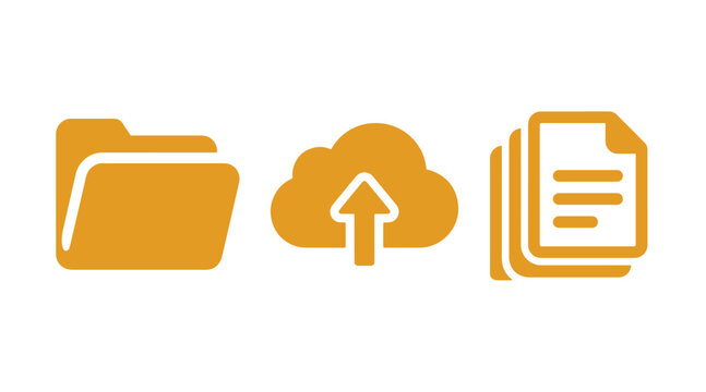 Digital file management and cloud storage icon set featuring a folder a cloud with an upload arrow a stack of document pages documents database computing internet