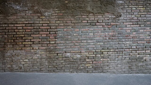 Weathered brick wall texture with gritty mortar and exposed bricks, sharp detail street; background backplate copyspace calm.