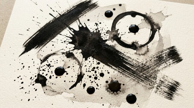 Abstract artistic background featuring bold black ink brush strokes and circular coffee cup stains on a textured white paper