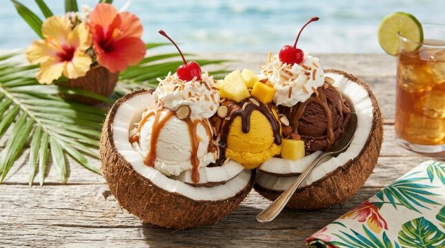 Delicious tropical ice cream sundae served inside a fresh coconut shell with whipped cream and cherries on a wooden table