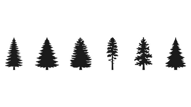 Set of six different black pine tree silhouettes for nature and forest design projects Vector