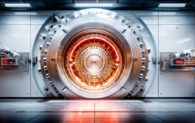 Fototapeta premium Advanced futuristic vault door with glowing orange core in high-tech facility