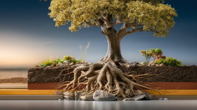 Large ancient tree with exposed roots on rocky terrain under a clear sky