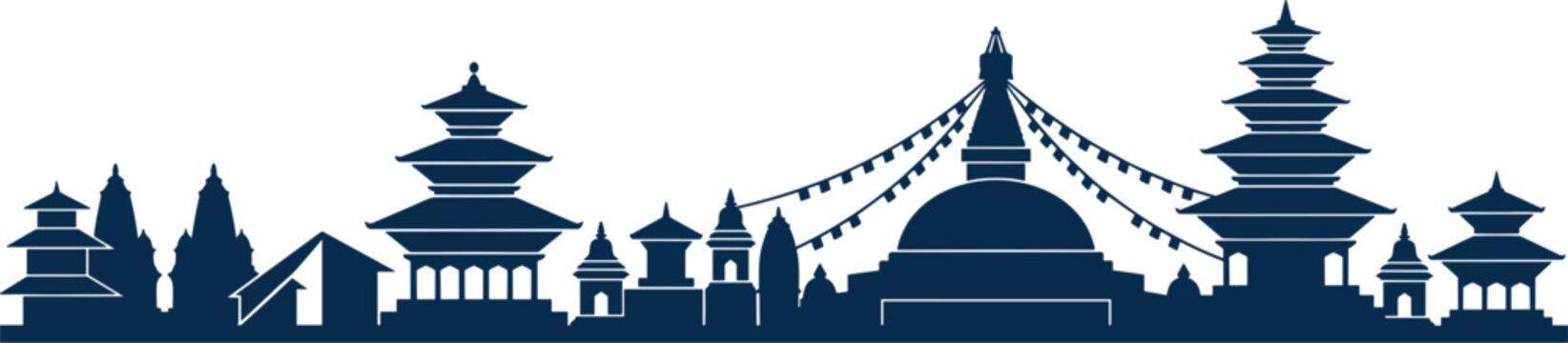 Nepal Skyline Silhouette Banner with Kathmandu Landmarks Including Boudhanath Stupa and Pagoda Temples Isolated on White Background for Travel Graphics