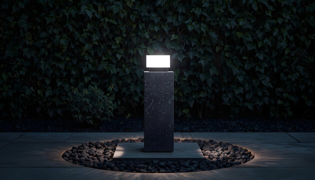 Modern outdoor LED pillar light. Minimalist garden bollard lamp for landscape illumination.