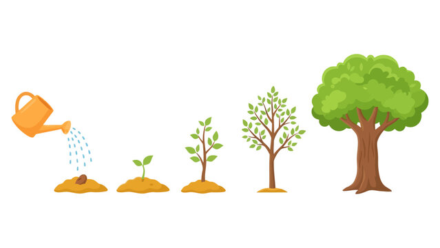 Watering can helping a small seed grow into a large green tree in stages Vector