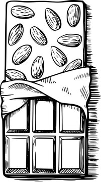 Dibujo a mano de una tableta de chocolate abierta con almendras