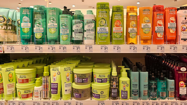 Garnier fructis hair care products on supermarket shelf