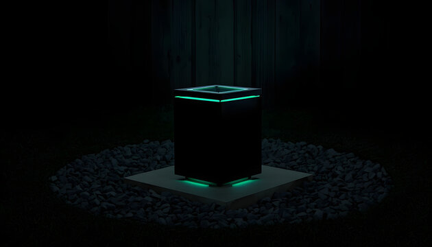 Glowing futuristic cube on a pedestal. Abstract digital box with neon light technology.