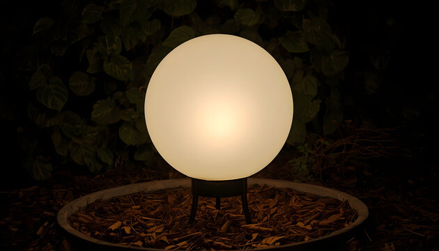 Glowing spherical garden light at night. Round outdoor lamp illuminating a dark backyard.