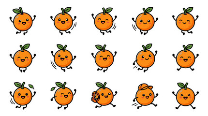 Naklejka premium Modern Set of Animated Orange Fruit Characters with Green Leaves and Cheerful Expressions for Educational and Fun Graphics