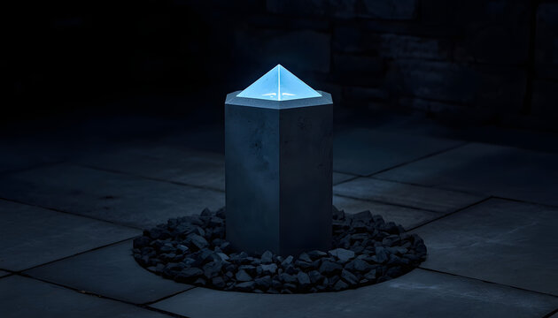 Glowing geometric sculpture on a pedestal. Modern abstract art installation at night.