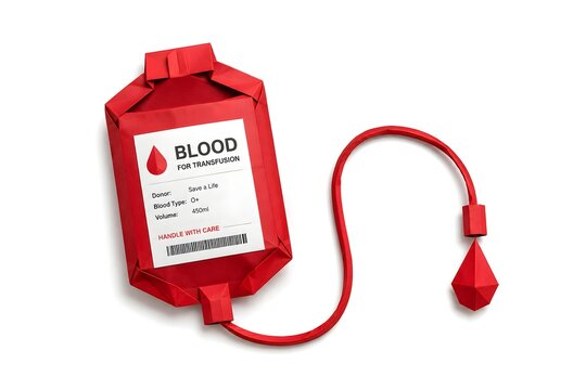 Origami Blood Bag Crafted from Red Paper Isolated on White Background
