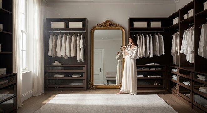 Luxury walk-in closet with mirror and elegant woman.