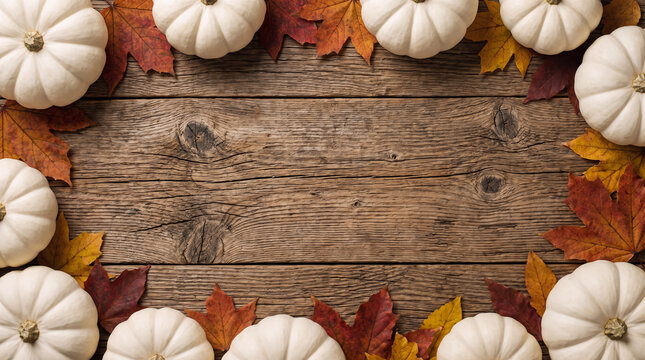 Thanksgiving Autumn Harvest Day white pumpkins and colorful fall leaves arranged as a border frame on rustic wood table background with copy space for seasonal harvest banner