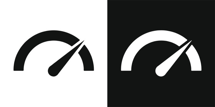 Speedometer Icon Set: A minimalistic design featuring two speedometer icons, one in black on white and the other in white on black, symbolizing speed, performance, and measurement.