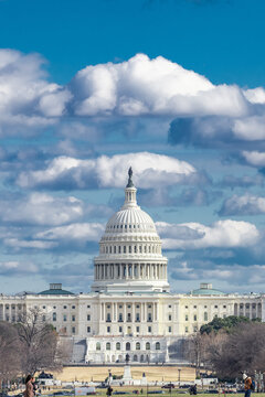 Working Heart of the United States Congress Beneath Towering Clouds in Washington DC.