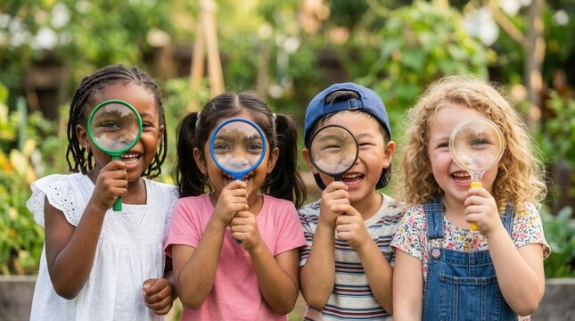 Friends in kindergarten holding magnifying glasses for an exploration activity