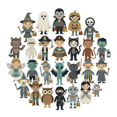 Children in diverse Halloween costumes in circular group.