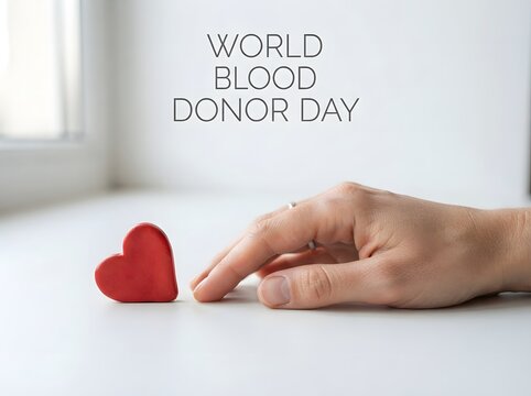 World blood donor day concept with a human hand reaching out to a red heart shape icon