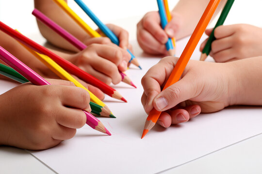 Gros plan sur des mains d'enfants d'origines diverses dessinant ensemble avec des crayons de couleur sur une grande feuille, isol&eacute;es sur fond blanc